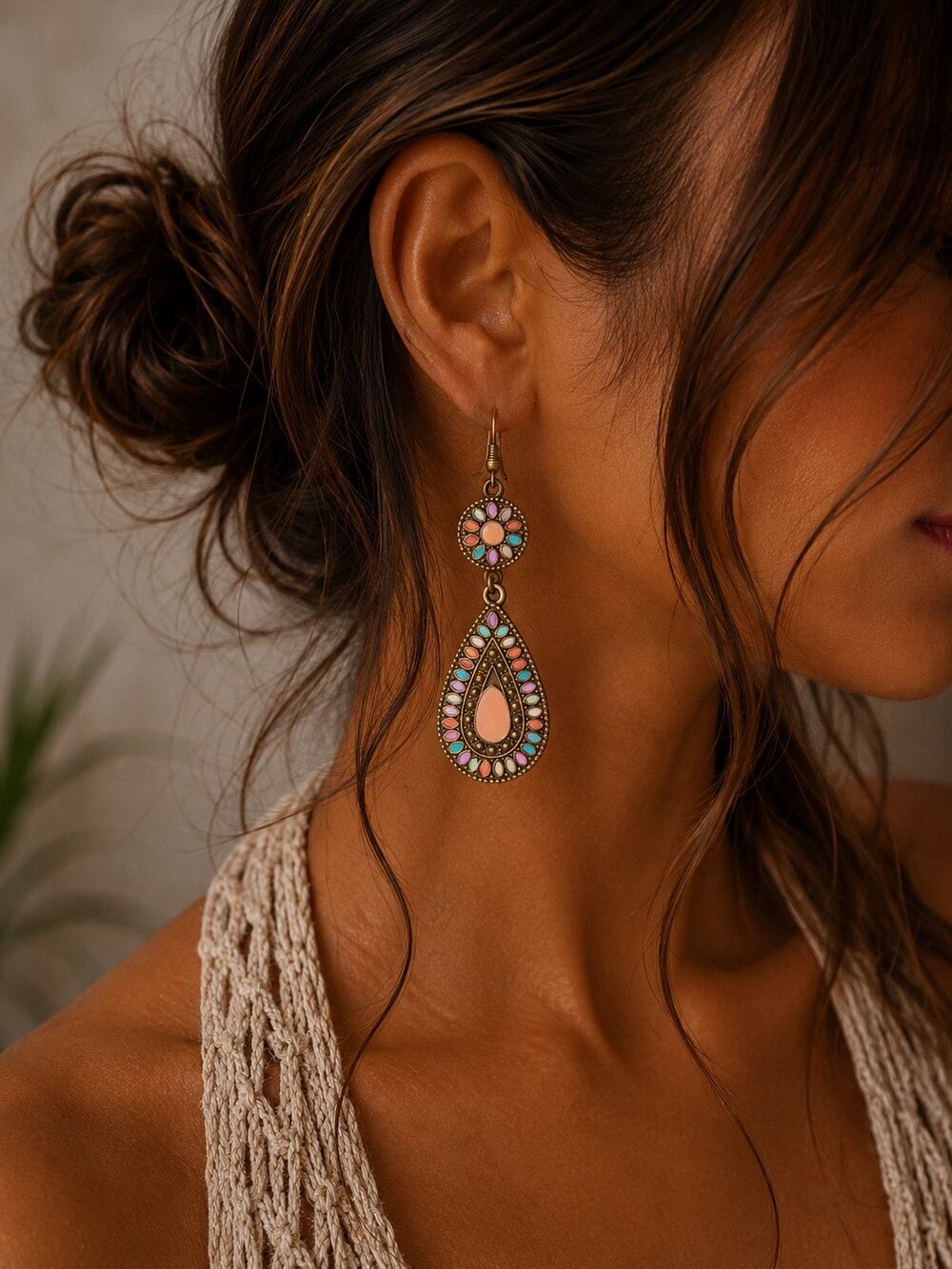 BOGO free Enamel Teardrop Dangle Earrings Bronze Tone Festival State